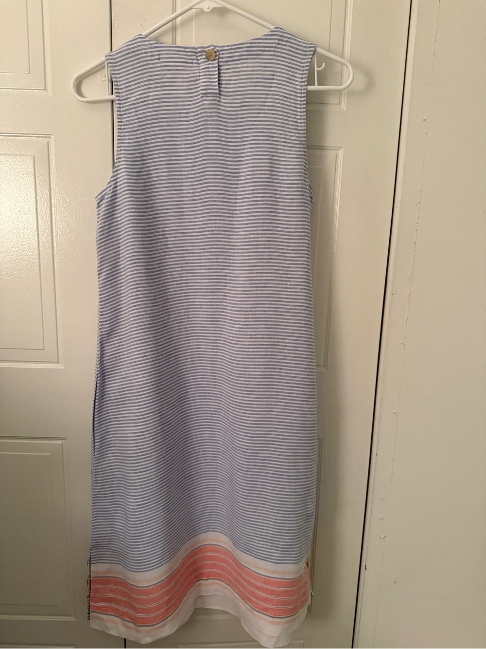 J. Jill Light Blue and White Striped Sleeveless linen dress with Coral Border XS - Picture 2 of 5